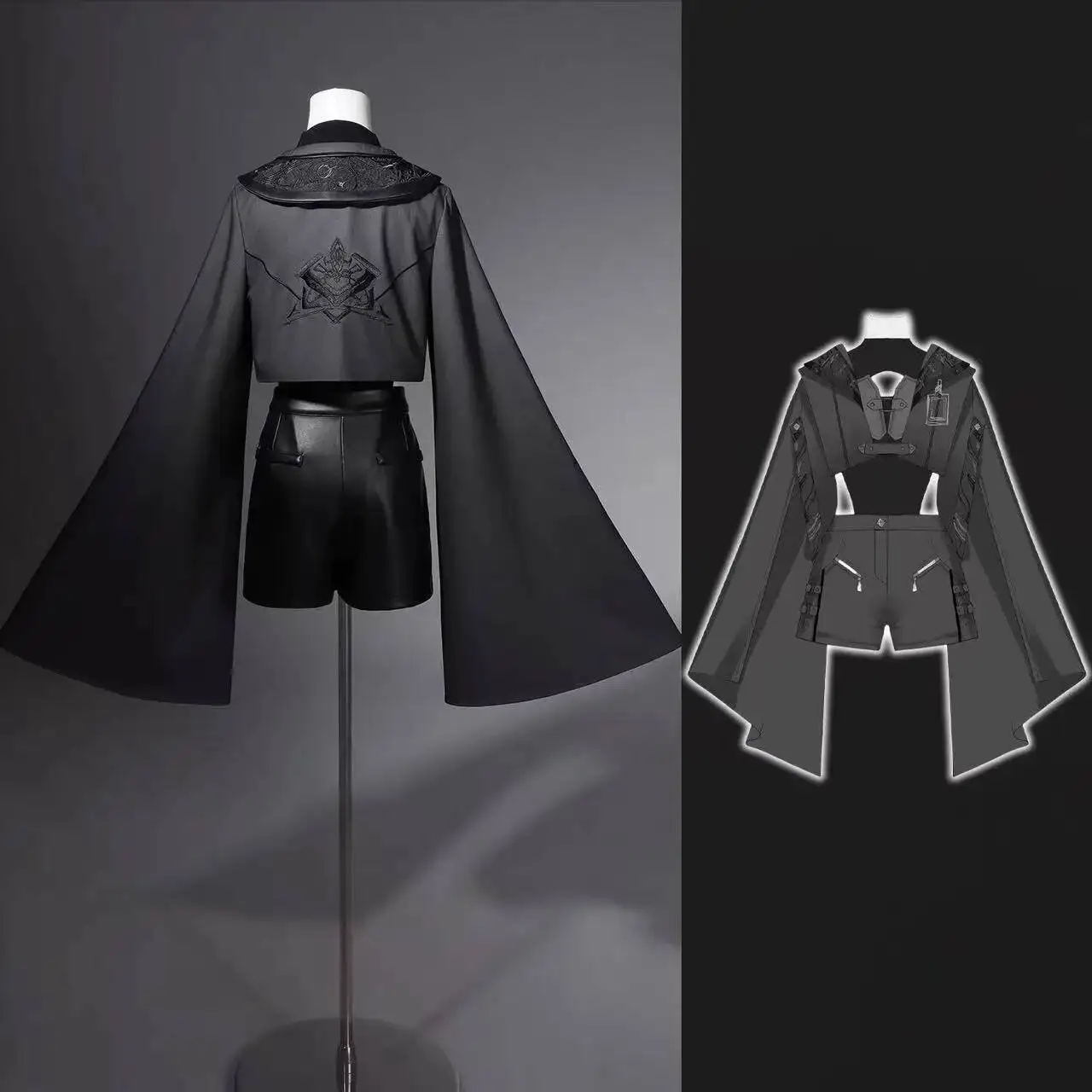 Dark Black Gothic Costume Women New Chinese Style Open Sleeve Tops PU Pants Set Vintage Niche Girls Street Fashion Suit Cool y2k