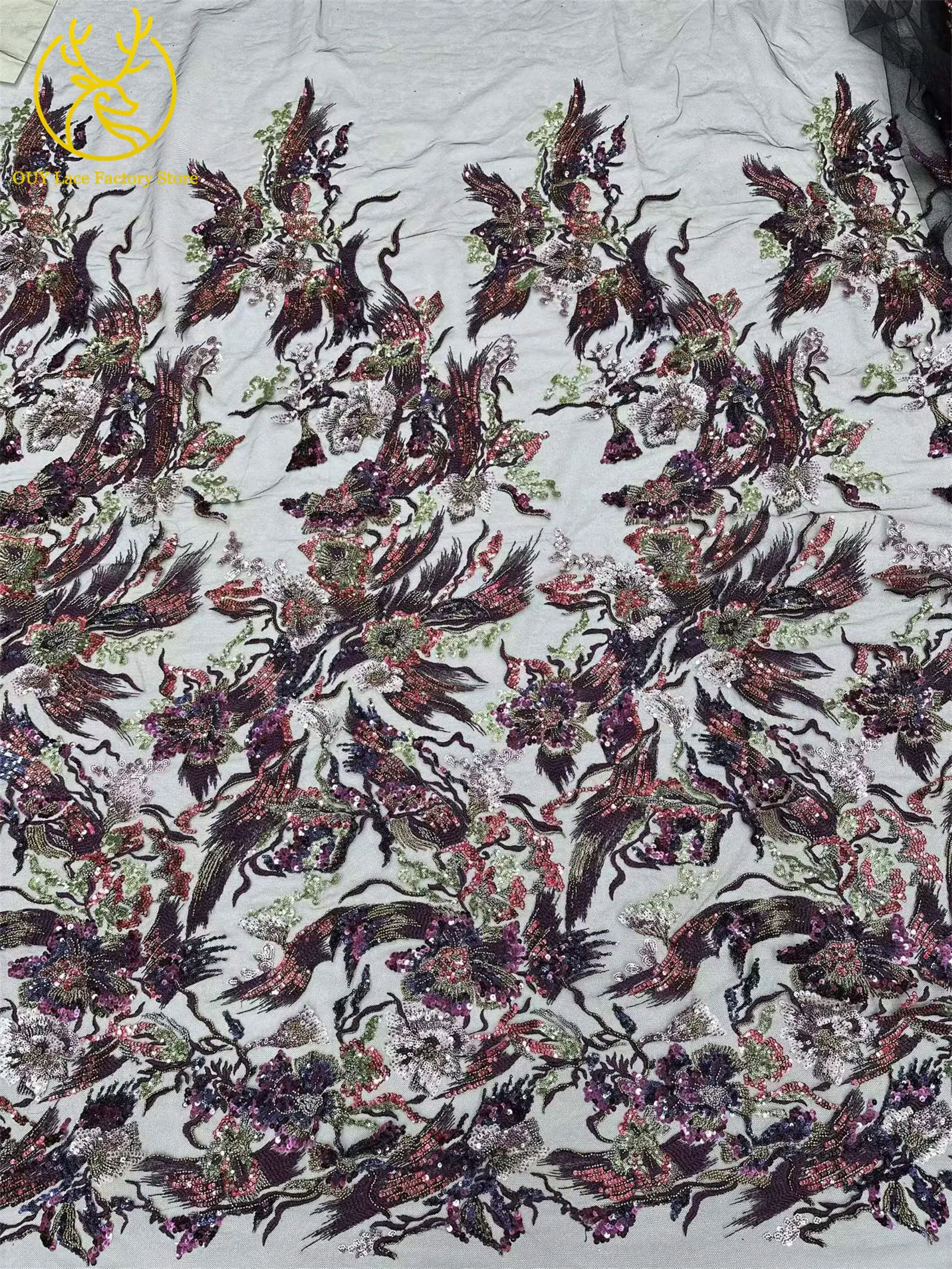Afrikanischer Stickerei-Tüll-Pailletten-Spitzenstoff, 5 Yards, hochwertiger französischer nigerianischer Perlen-Mesh-Spitzenstoff für Hochzeitsnäharbeiten – Detail 12