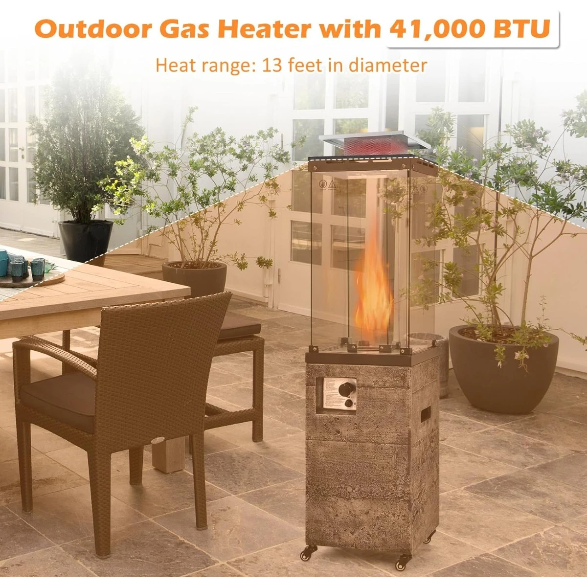 41,000 BTU Propane Patio Heater with Waterproof Cover, Outdoor Heater with Lockable Wheels, Adjustable Feet, Tempered Glass Tube