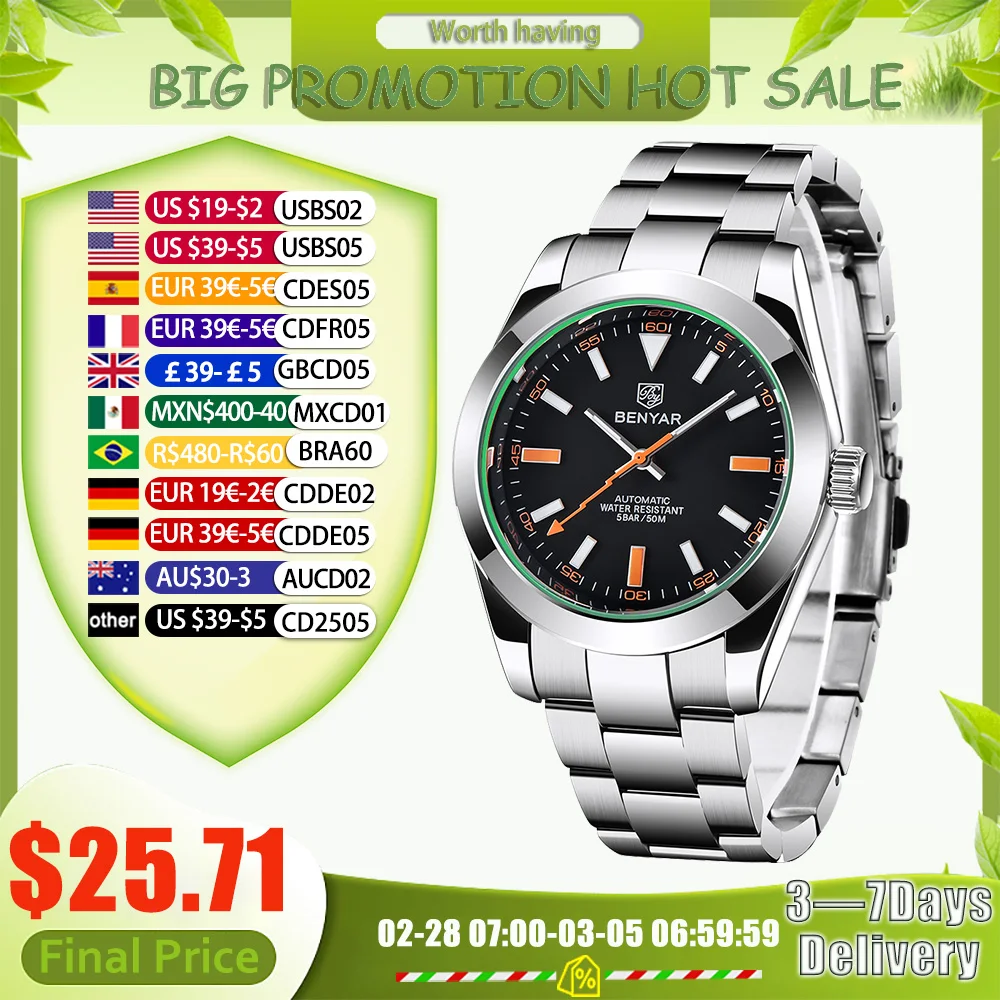 BENYAR 2025 새로운 남성 시계 톱 브랜드 럭셔리 시계 남성 자동 기계식 방수 50M 스포츠 손목 시계 남성용 BY5176 선물