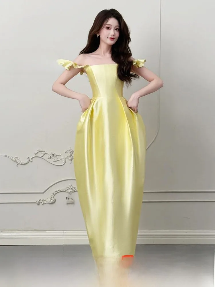

Yellow One-Shoulder Wedding Dress Elegant Long Skirt for Engagement Parties Birthday Celebrations Bride Ceremony Registration