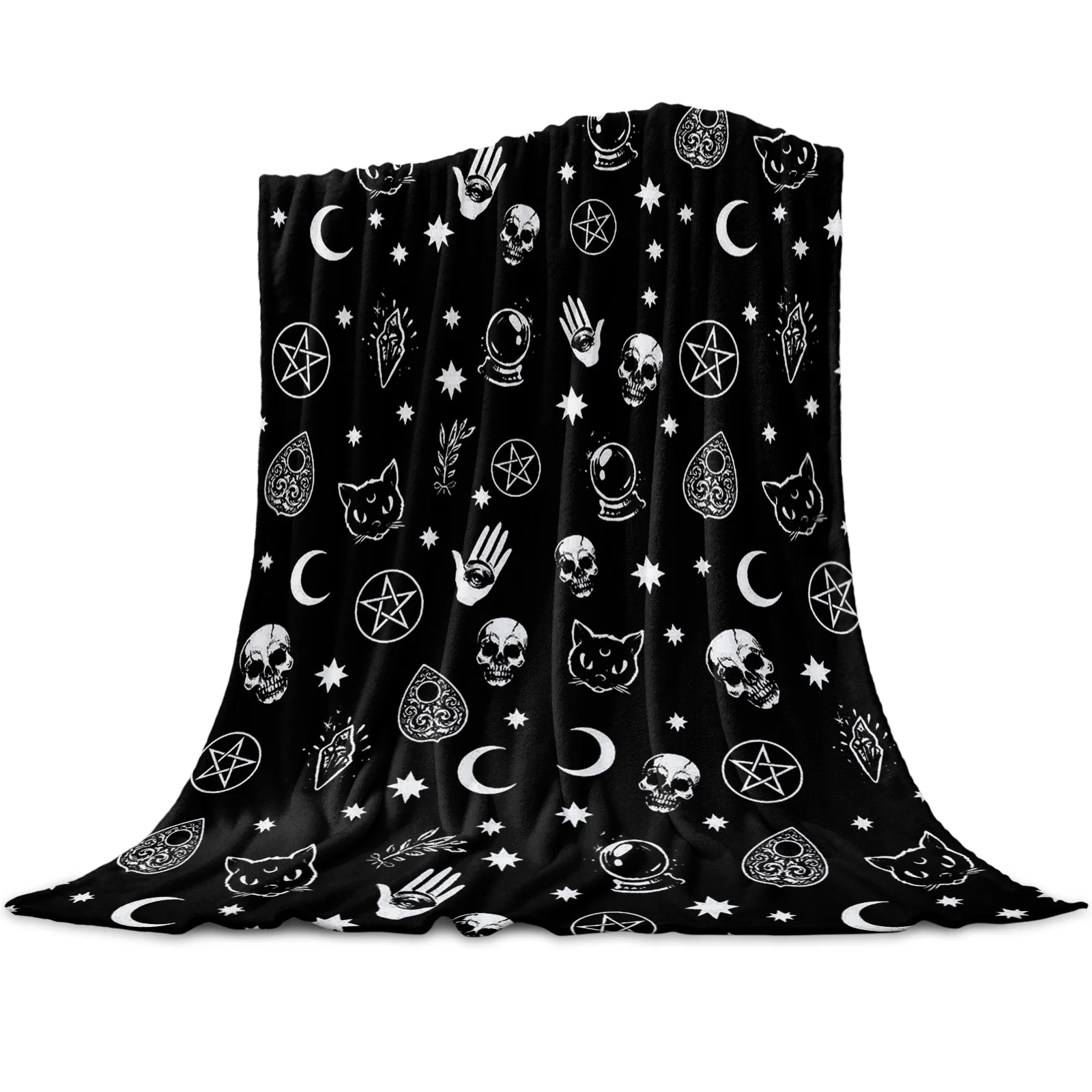 Black Witch Skull Moon Divination Printed Throw Blanket Flannel Fleece Blankets Soft Throws for Sofa Couch Bed Bedroom Bedspread