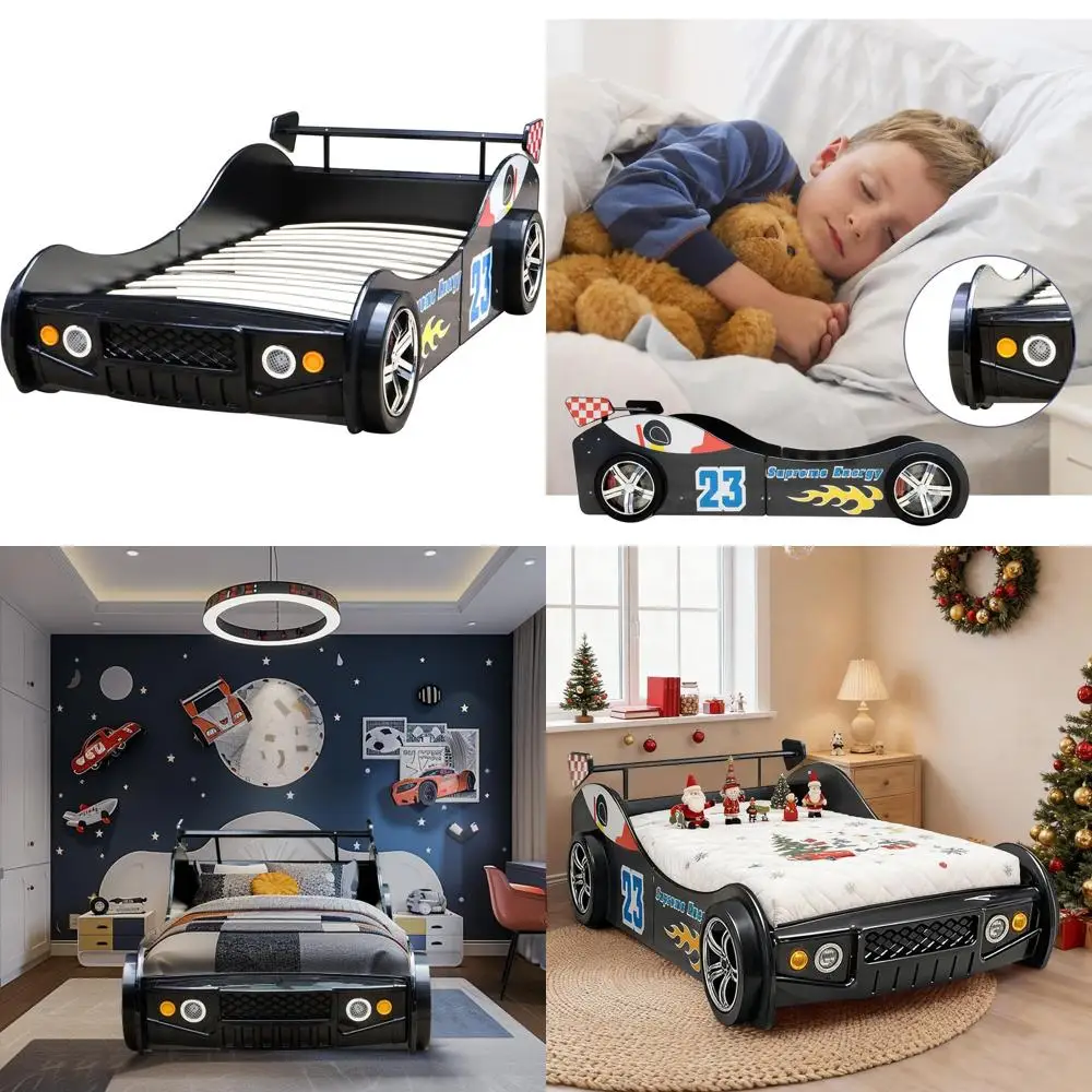 

Детская деревянная кровать-машинка с LED-подсветкой и ламельным основанием для детей и малышей - черная