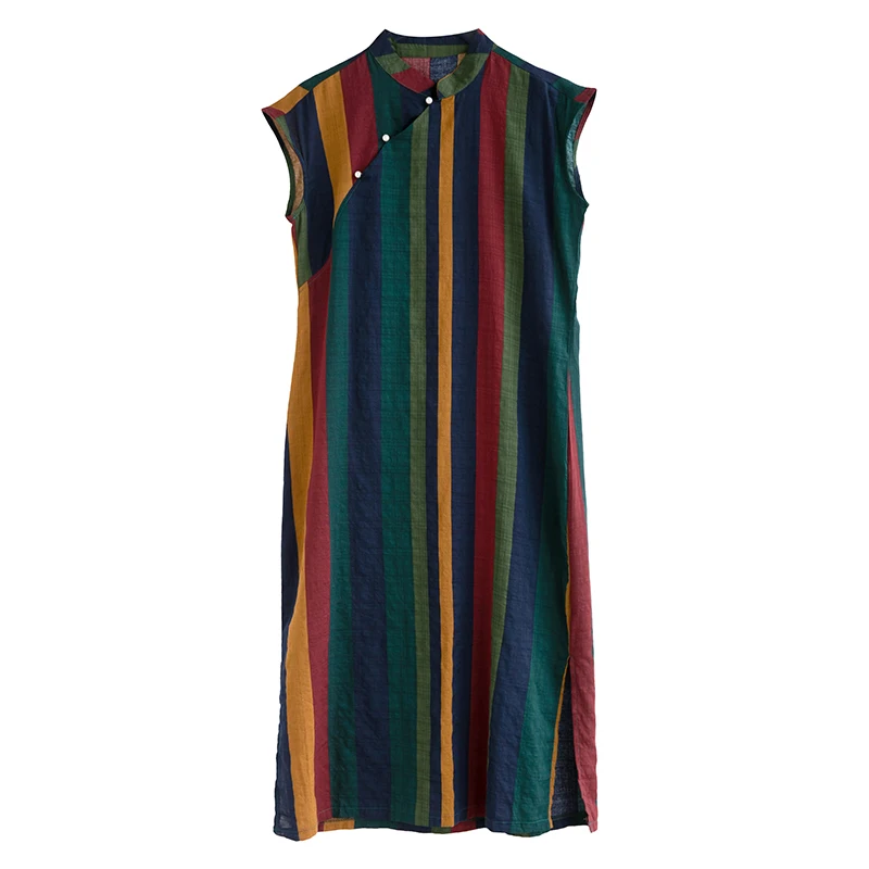 

Летнее хлопково-льняное платье миди длиной до колена в полоску с рисунком, винтажное платье Dr Thiened без пятна с воротником-стойкой