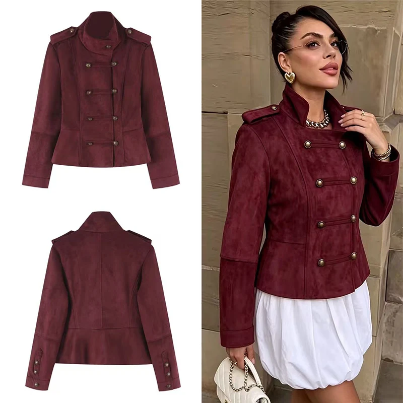 Guobioziy 2026 Fall Retro Military Jacket Women Faux Suede Army Coat Epaulettes High Neck Button Down For Autumn Street