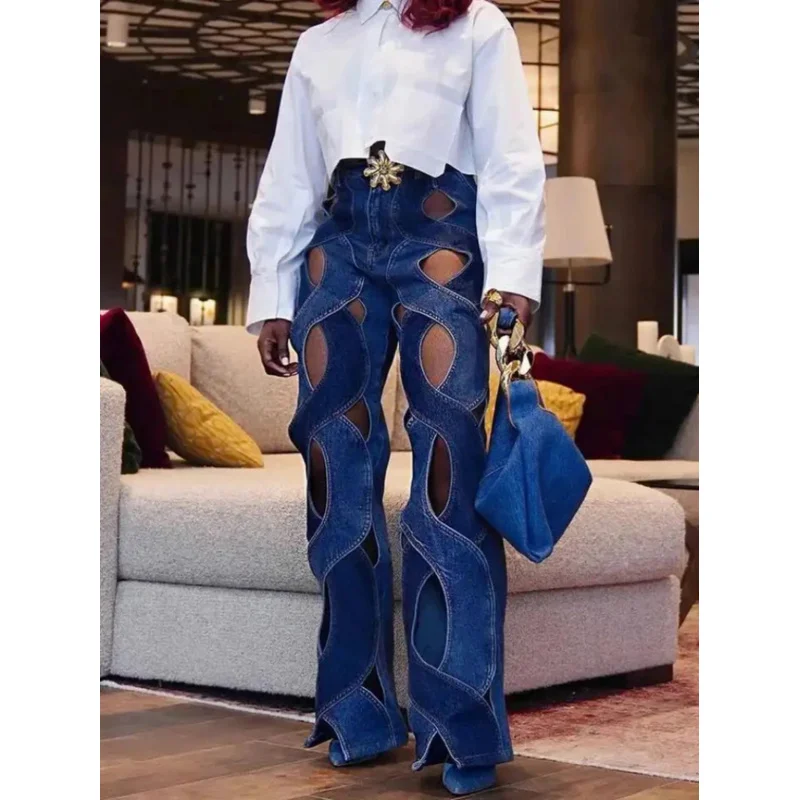 

Women Streetwear Cutout Hollow Out Criss Cross Straight Flare Denim Pants 2023 INS Fashion Wide Leg Jeans Trousers