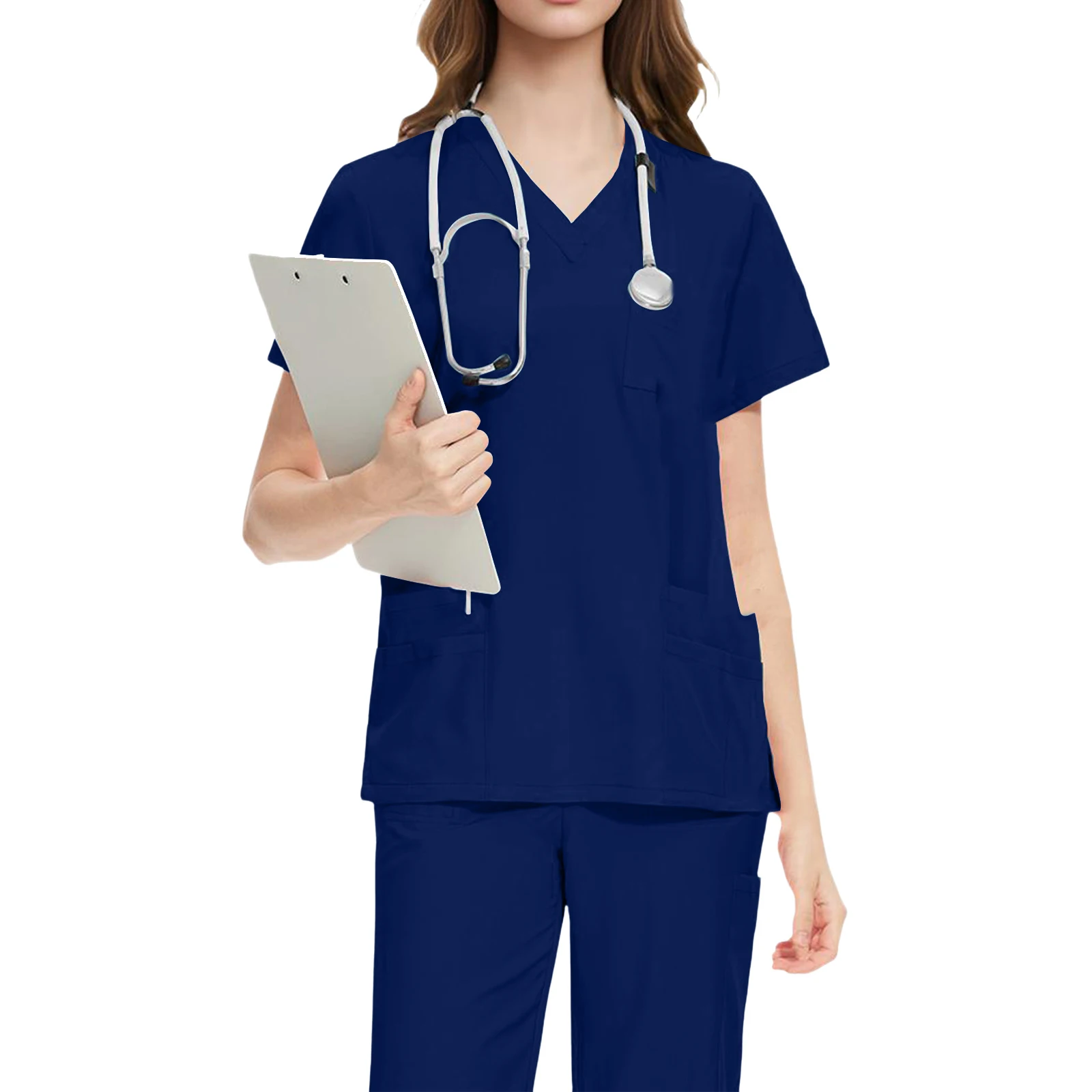 Women's Nurse Scrub Set V-Neck Short Sleeve Multi-Color Multi-Pocket Straight Pants Medical Uniform Healthcare Workwear