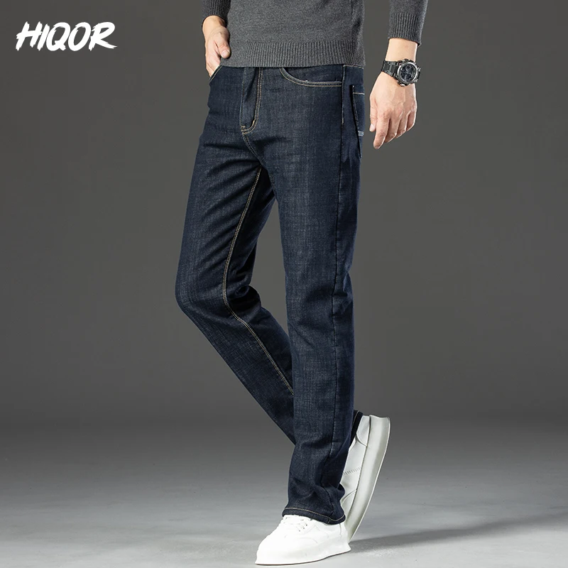 HIQOR Winter New Stretch Straight Pants Man Lamb Fluff Baggy Jeans Business Casual Fleece Soft Denim Trousers Male Big Size 40