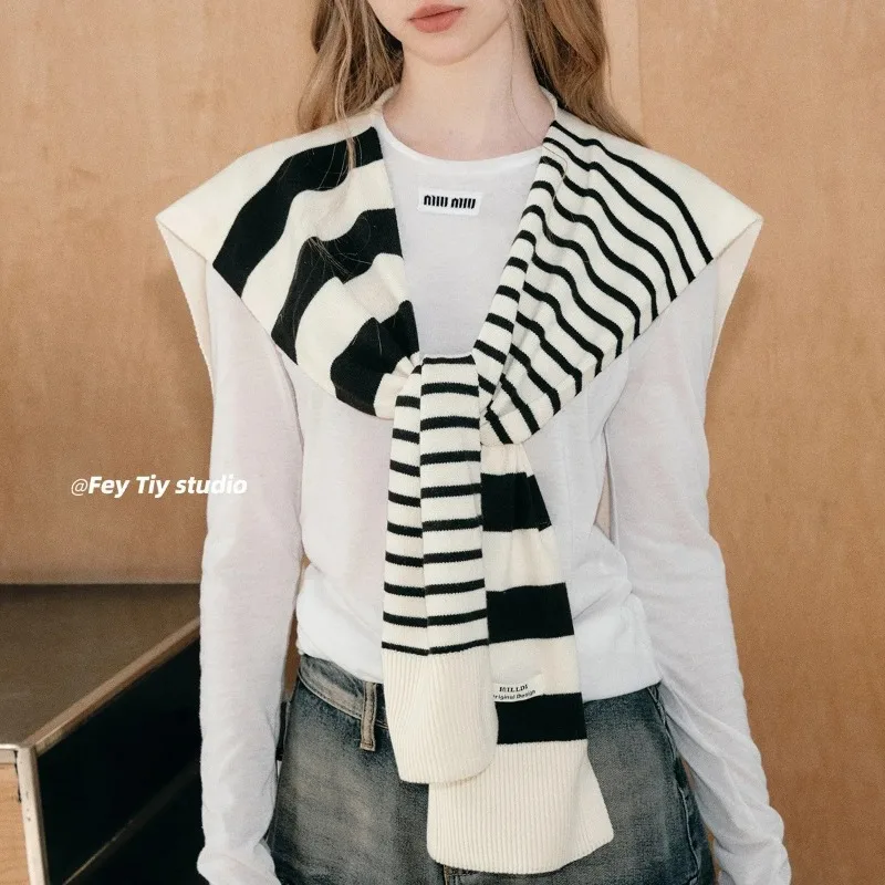 

Autumn/Winter 2026 Asymmetrical Black and White Overshirt Women's Knitted Vest with Tie Detail, Versatile for All Seasons