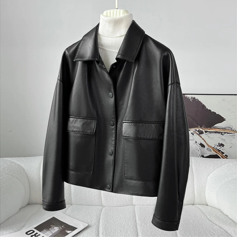 

Imported Genuine Sheepskin Women's Short Casual Jacket 2024 Fall Single-breasted Female Black/Coffee Lambskin Coats Size S-2XL