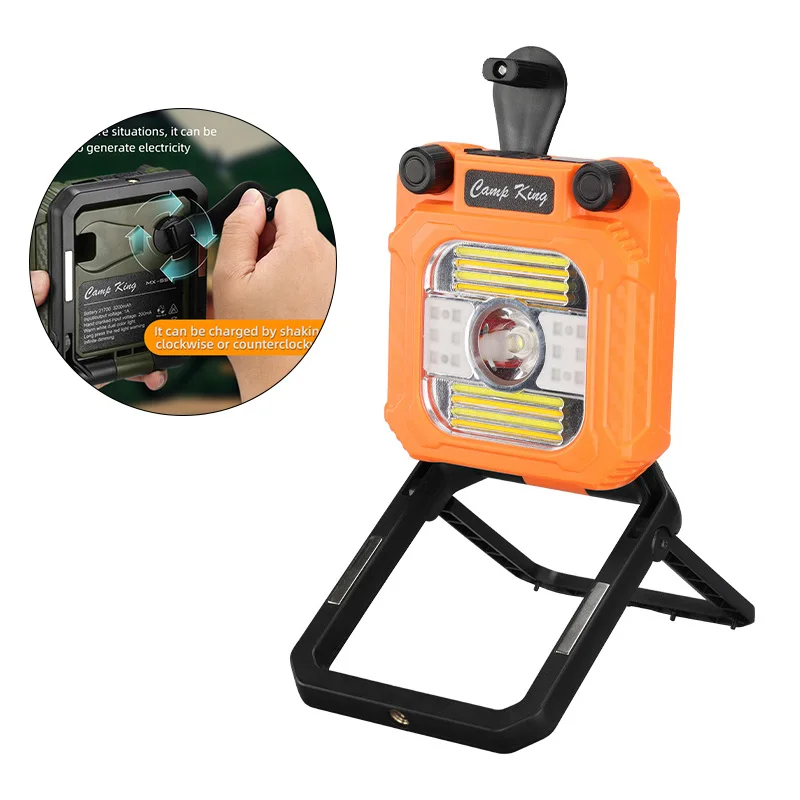 ハンドクランク充電式ミニ懐中電灯多機能-led-屋外無段階調光キャンプライト格納式スタンド緊急