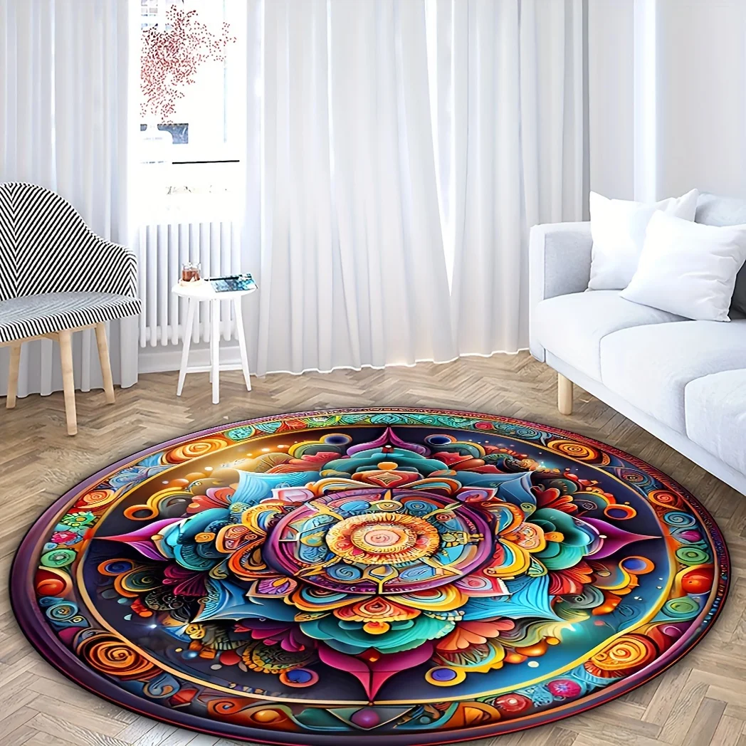 Bright Mandala Flower Circular Carpet – Non-Slip, Digital Printed Mat for Bedroom, Living Room, Home Decoration