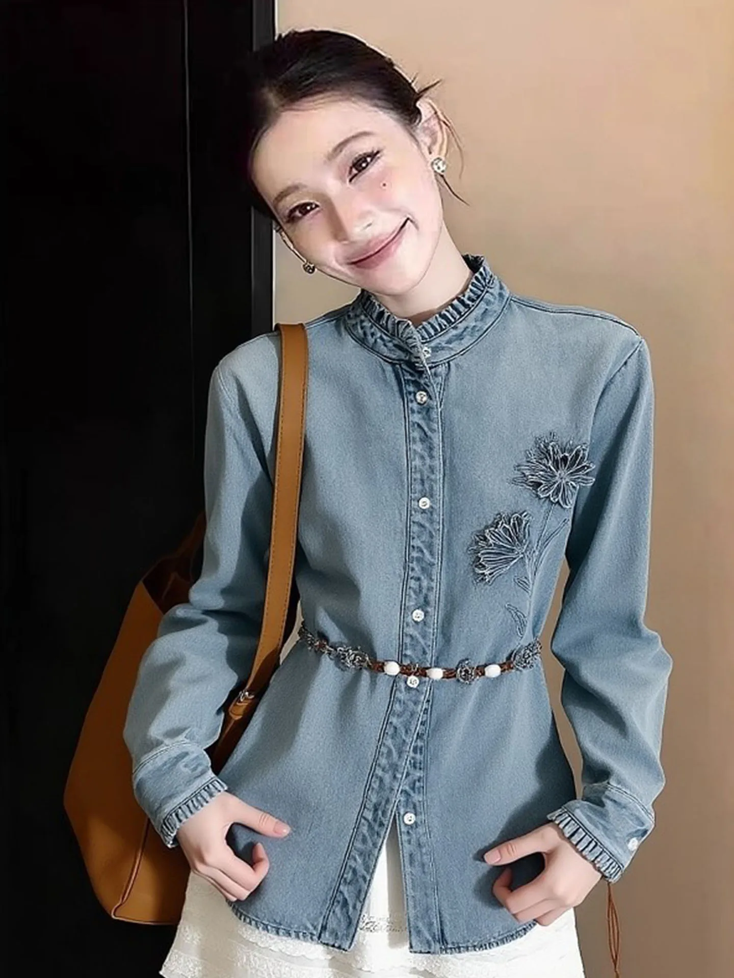

Retro Embroidered Blue Denim irt Women's Spring 2026 New Stand Collar Waist in Commute Casual Top Long Sve Ladylike