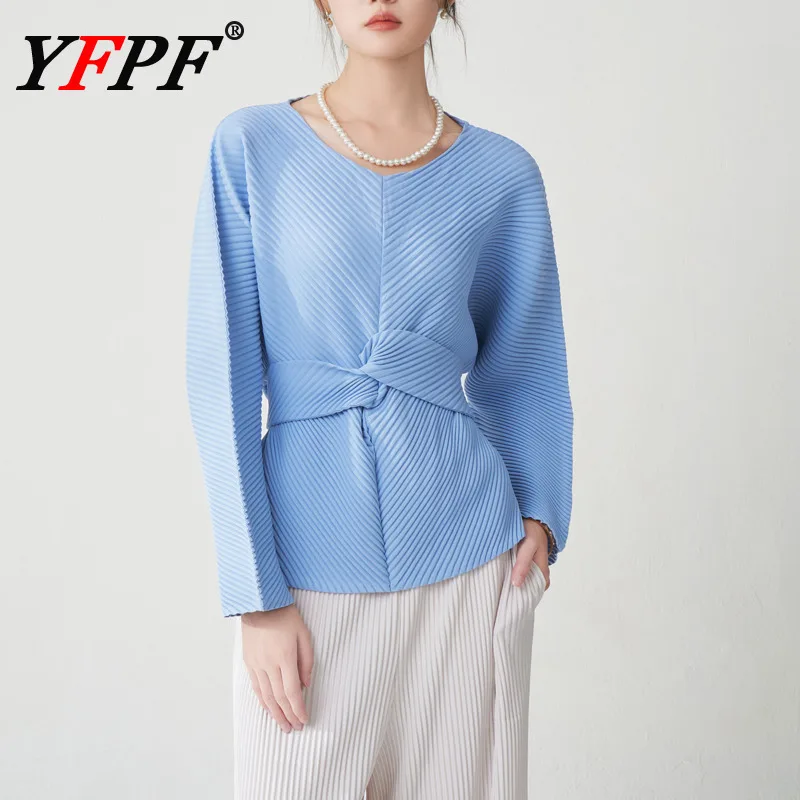 

YFPF Miyake плиссированная женская футболка, однотонная, со складками, повязка, со сборкой на талии, топы с длинными рукавами, модная новинка 2023 года, одежда