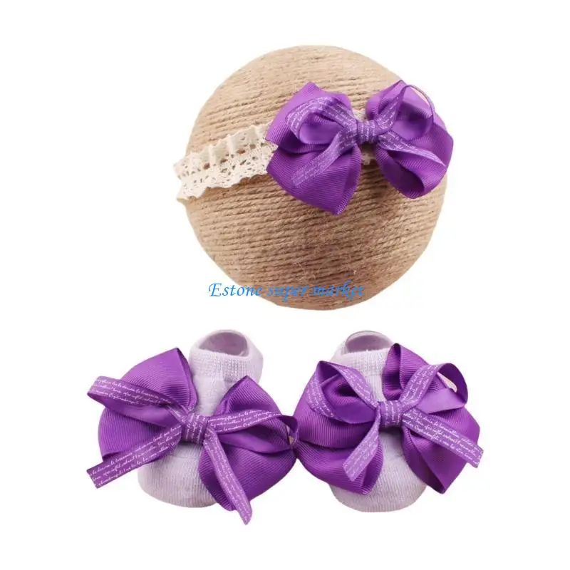 090B Baby Lace Headband with Slip Resistant Socks Fashionable Baby Headwear with Not Slip Socks for Newborns to 12 Month