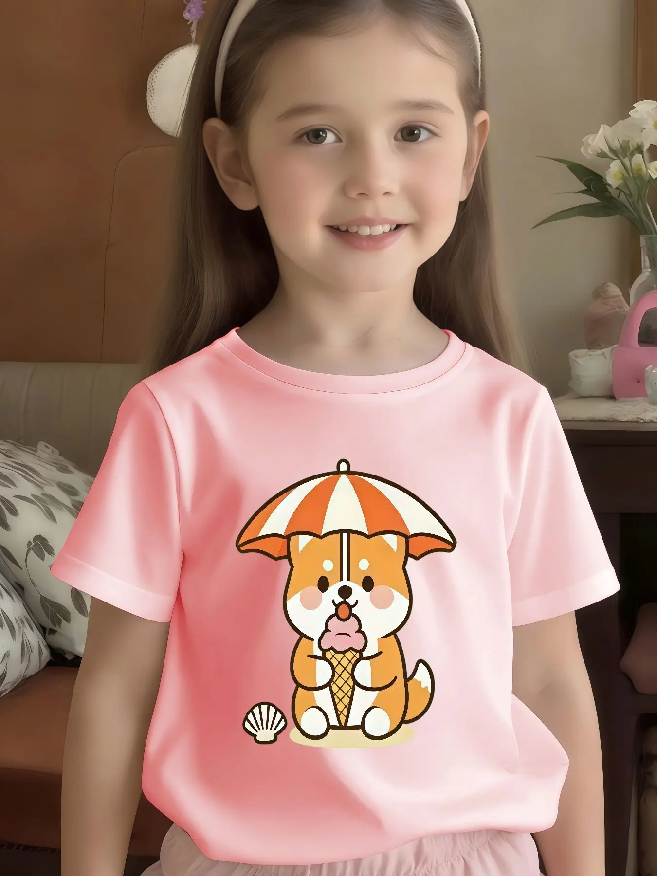 Shiba Inu Umbrella Ice Cream Print Kids T Shirt Boys Girls Family Match Cotton Short Sleeve Summer Daily Casual Clothes