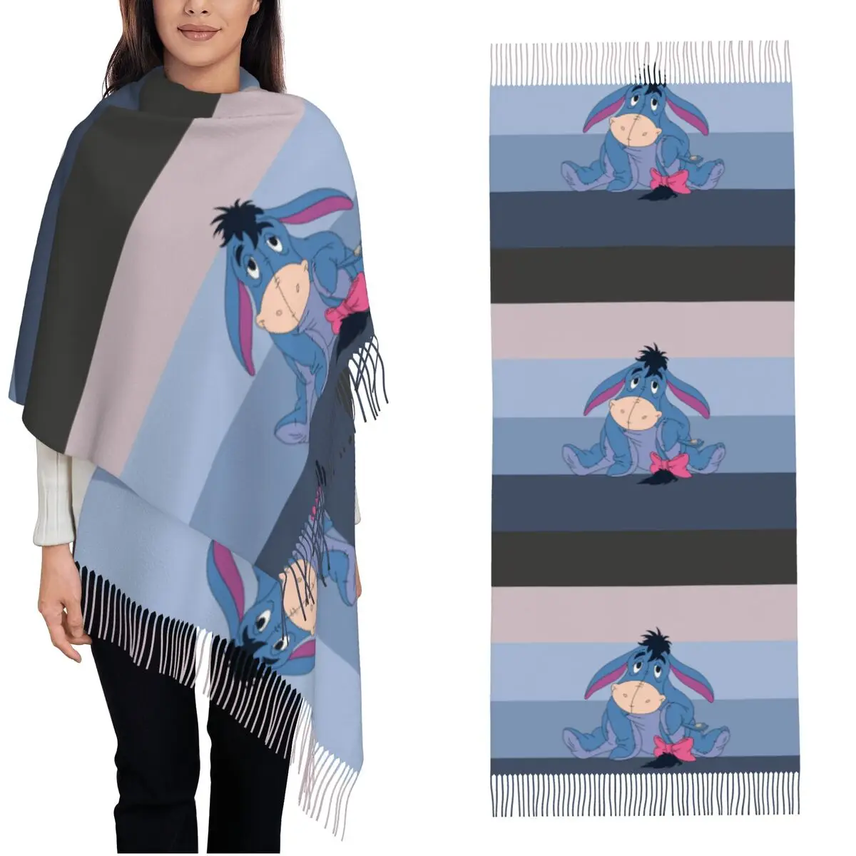 Bufanda con borlas para mujer Winnie The Pooh Eeyore Mantón largo y suave y cálido para regalos Bufanda de cachemira