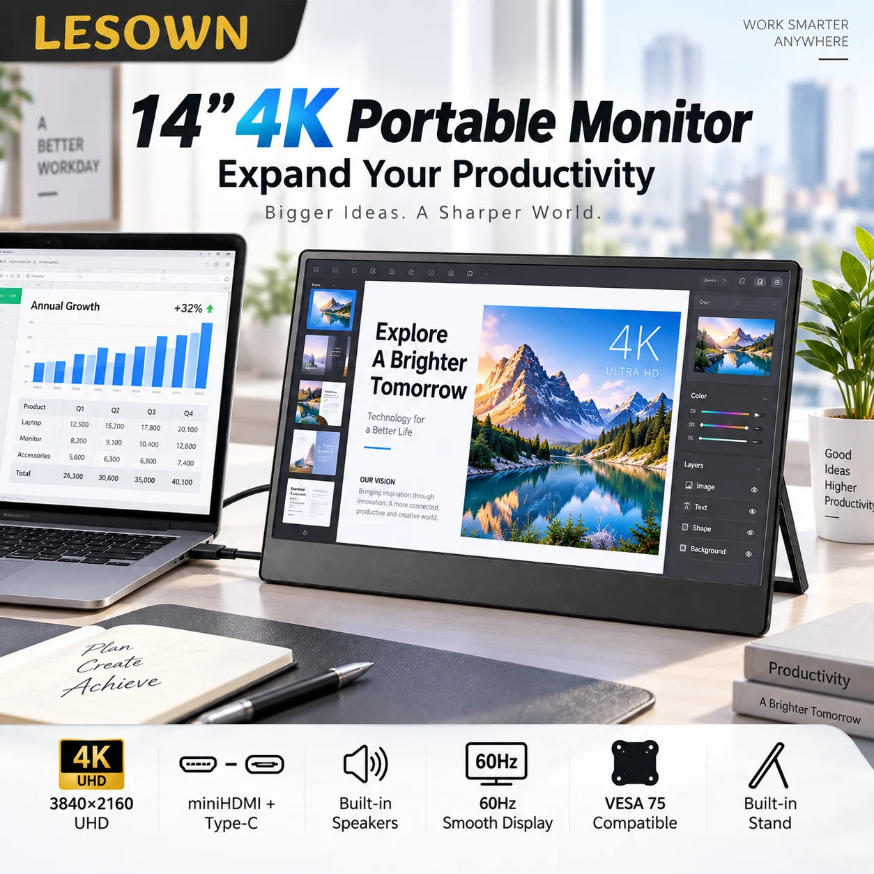 LESOWN UHD 14 Inch Travel Screen Driverless Extended Screen with Kickstand for Business Travel