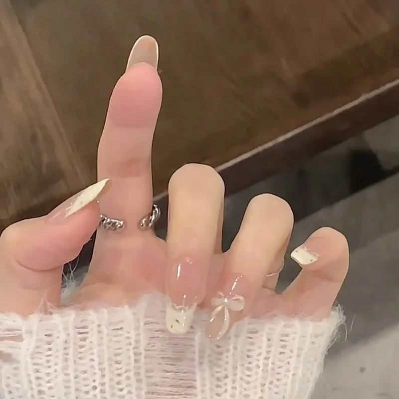 10 Uds. De uñas acrílicas hechas a mano, juego de uñas francesas de flores de primavera de largo medio, falsas con pegamento incluido, uñas bonitas 2025