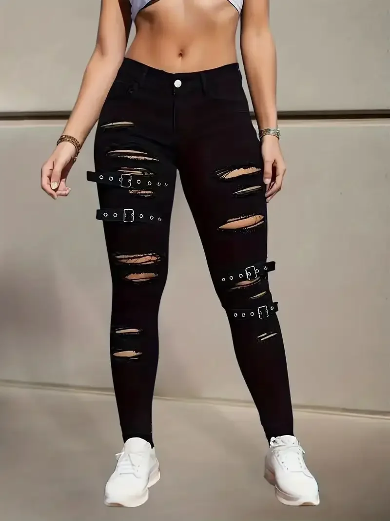 Y2k ジーンズ女性のためのファッション破れたベルトバックルスリムフィットストレッチスキニーパンツハイウエストヴィンテージレトロスタイル