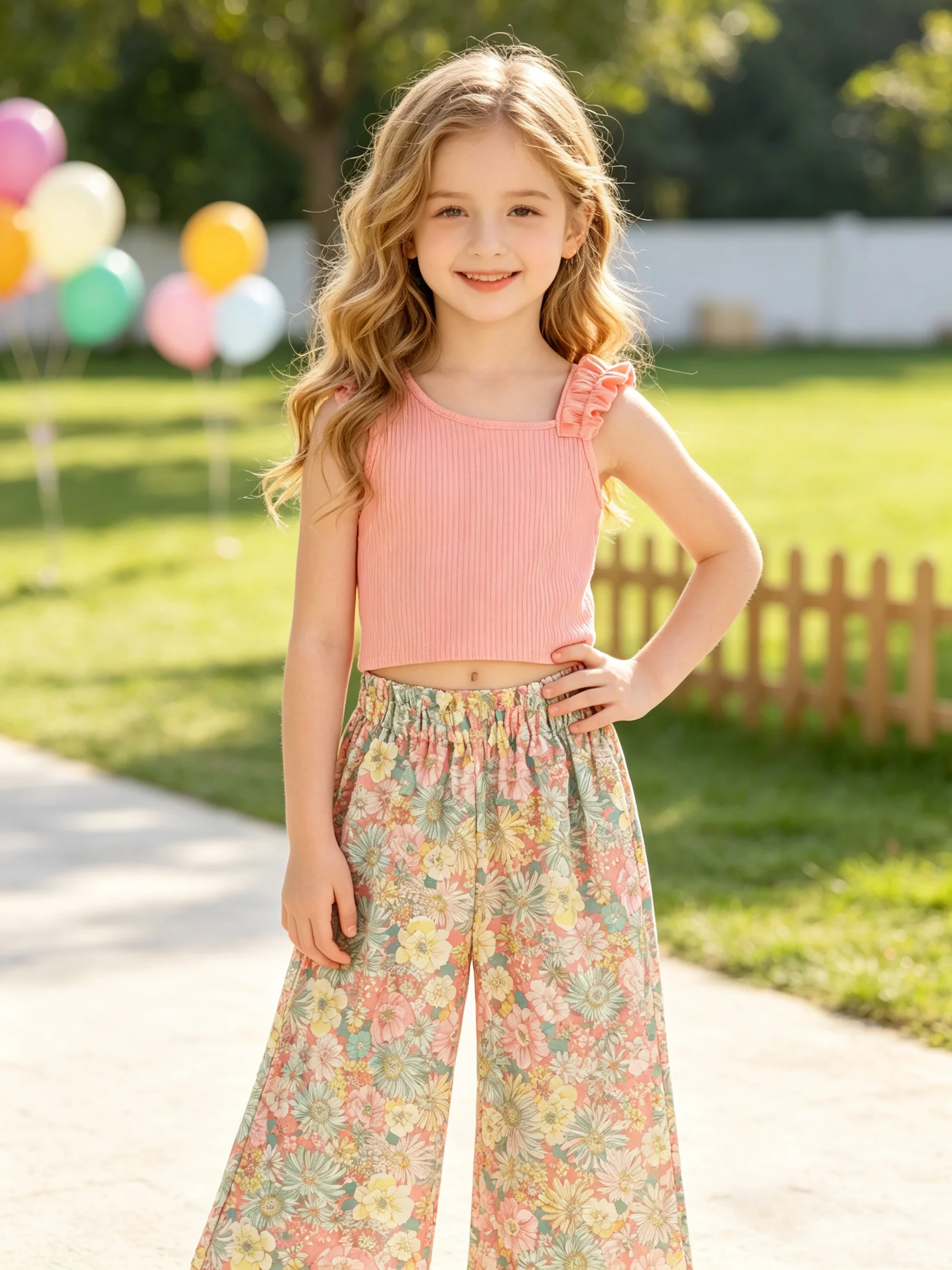 Summer Children's Clothing Set Bohemian Style Ruffled Vest Top Solid Color + Printed Wide Leg Pants Elastic Waist Casual Outfit