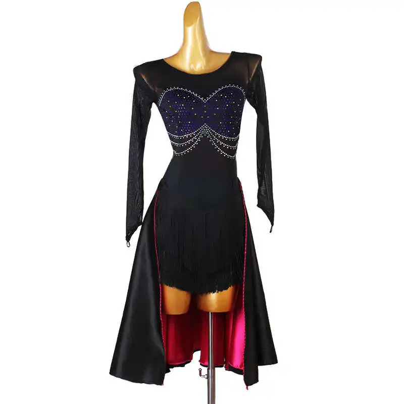 

Black Latin Dance Tassel Dress Competition Performance Costume Sexy Ballroom Skirt For Women Children's Wear Salsa Custom Girl