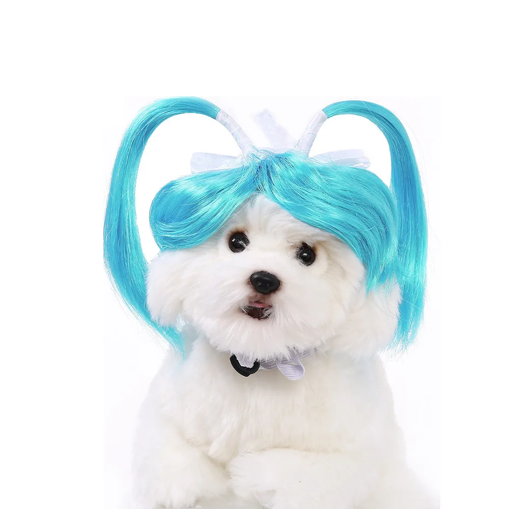Pet Dog Blue Wig Bangs Pigtail Straight Hair Costume Headwear for Small Dogs Cats Halloween Party Fancy Dress Парик Косплей