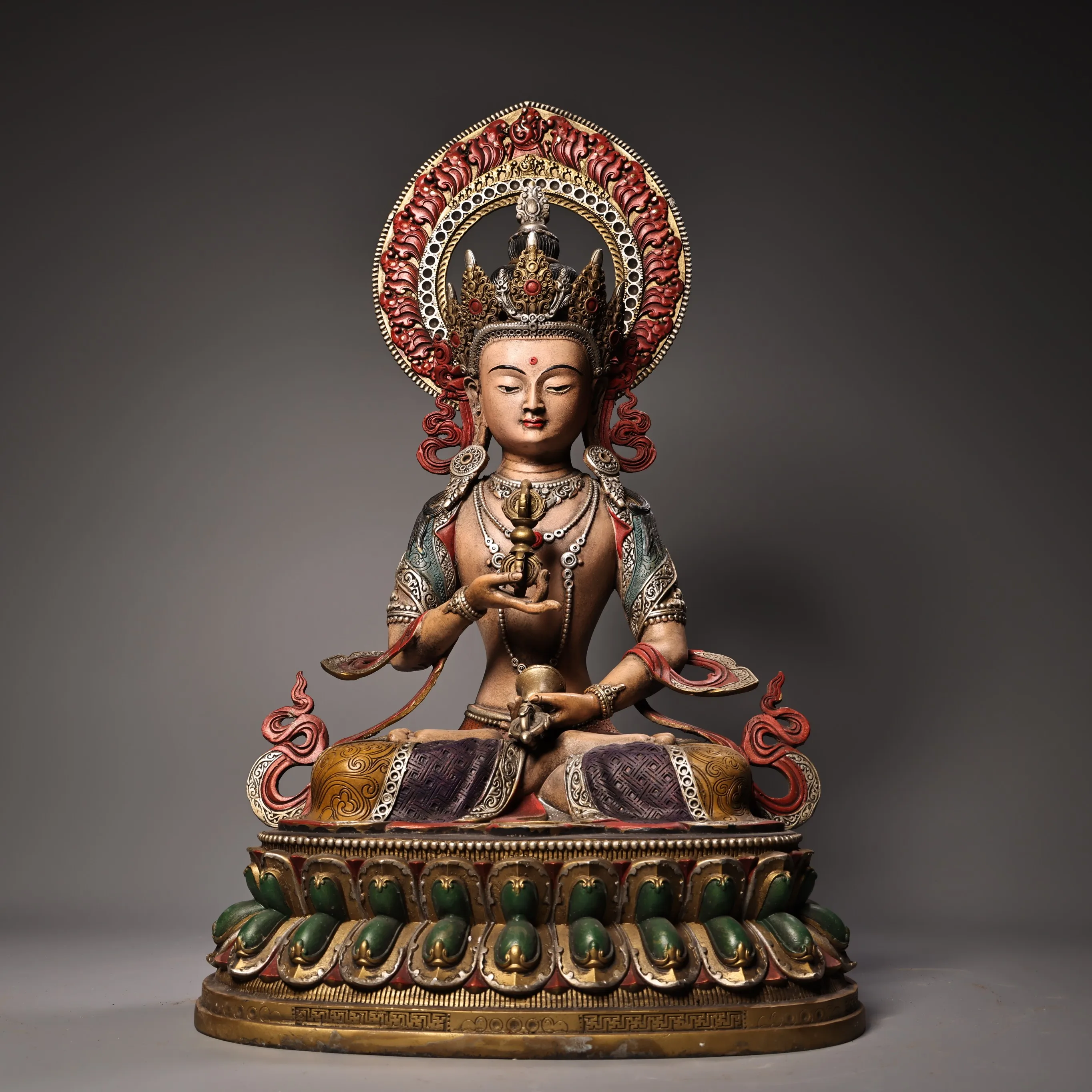 

21"Tibetan Temple Collection Old Bronze Painted Vajrasattva Sitting Buddha Lotus Terrace Head Backlight Worship Hall