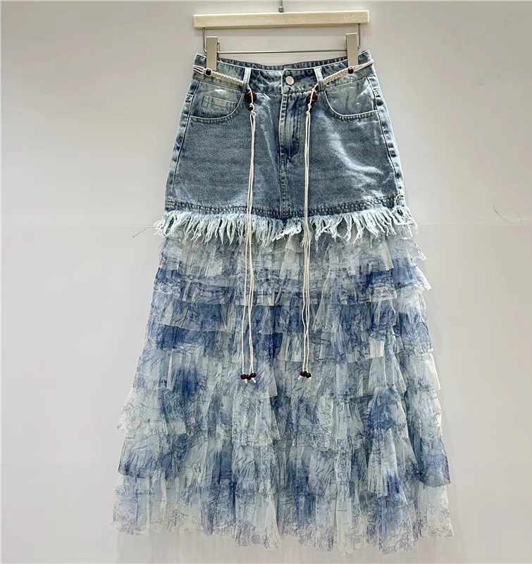 Personalizado denim emenda gaze cintura alta moda coreana saia verão menina versátil redução de idade férias longo bolo saias