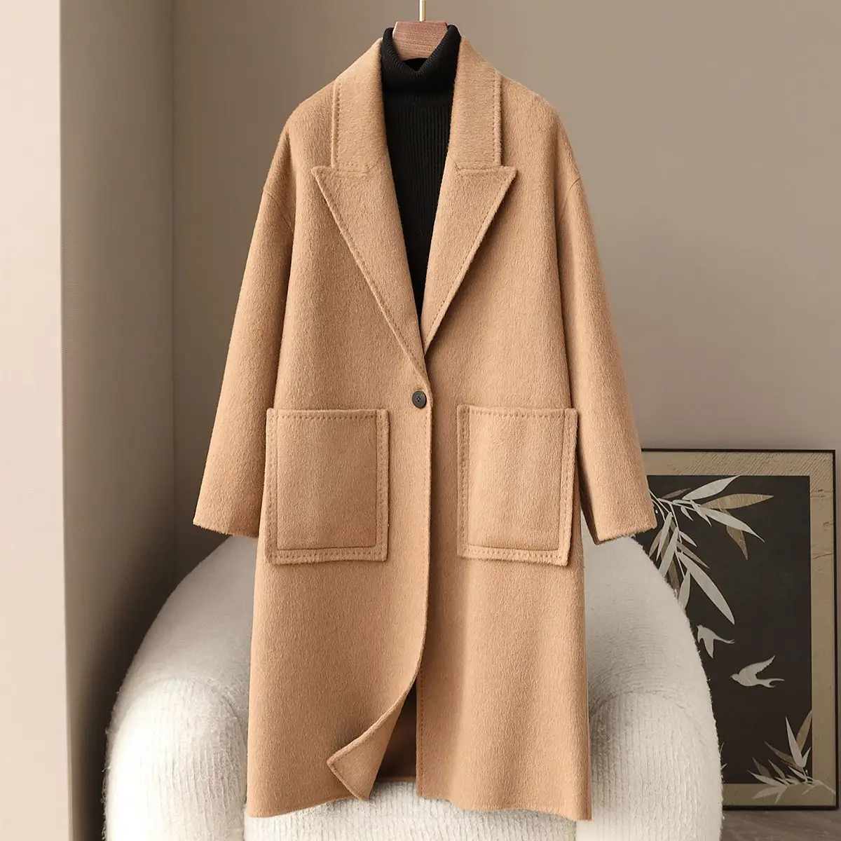 

2025 Autumn New 100% Camel Fleece Double-Sided Woolen Coat Women's Casual Long Coat