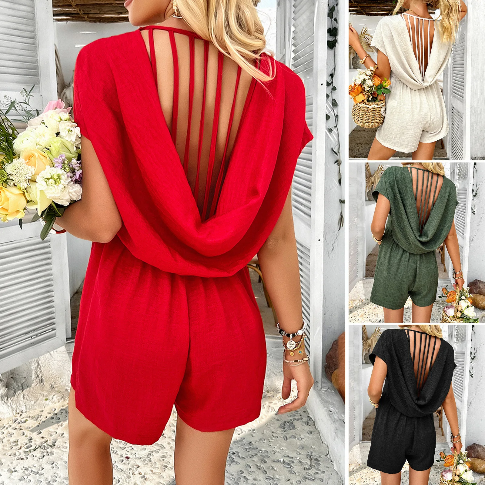 

2025 Spring And Summer Cross-border Casual Solid Color Sexy Hollow Short-sleeved One-piece Pants Women's Clothing
