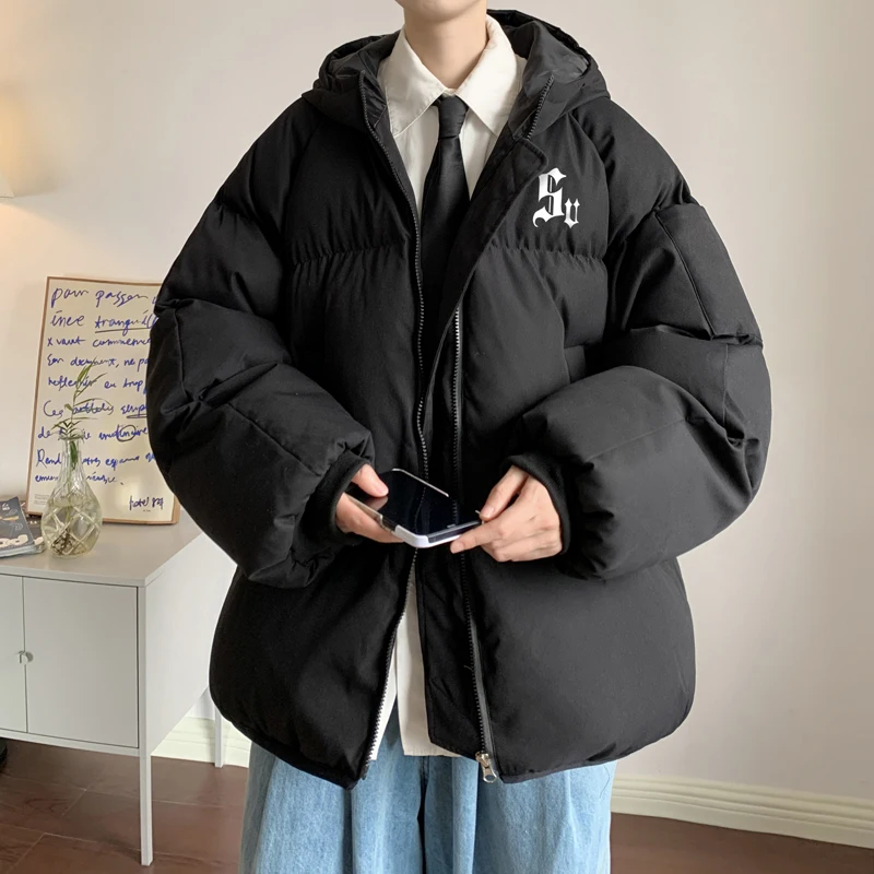 

Boys Winter Thickened Hooded Cotton Jacket Youth Fashionable Warm Waterproof Bread Style Coat Casual Loose Fit Zipper Design