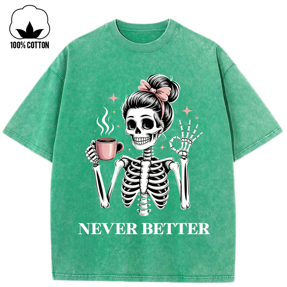 Nie Besser Kaffee Schädel Gedruckt Gewaschen Löcher T-Shirt Frau Trendy Baumwolle Streetwear Oansatz Sommer T Shirt Y2K Lose Kleidung