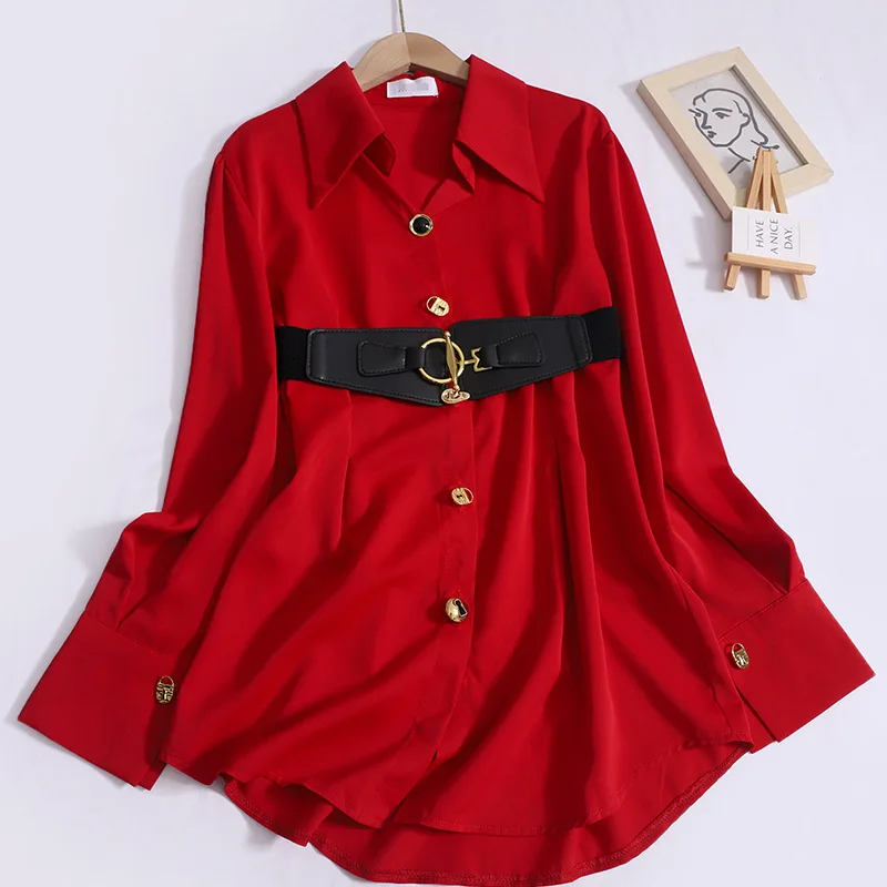 

Single Breasted Blouses Dresses Long Sleeve Casual Knee Length Dress Turn Down Collar Solid Vestidos Loose Button Sashes 2024