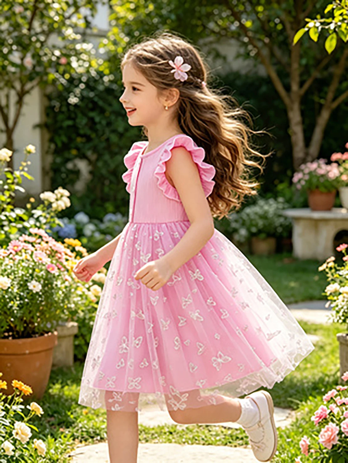 Mädchenkleid mit rosa Schmetterlingsstickerei, Prinzessinnenkleid, Sommerkleid mit Flatterärmeln und Knöpfen aus Tüll – Detail 5