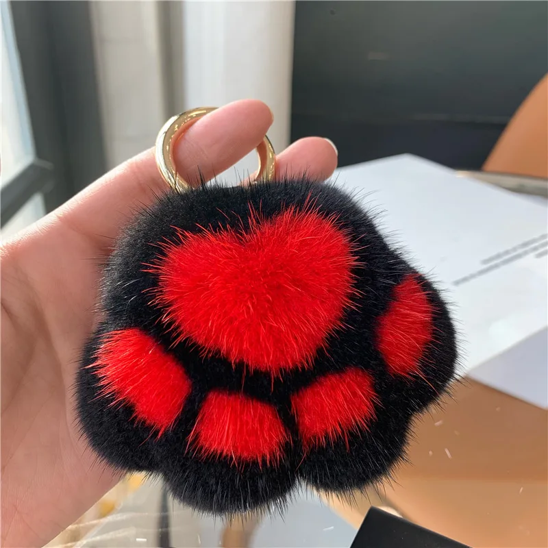 Pendant Keyrings Gift Plush Cute Cat Claw Real Mink Fur Keychain Women Bag Ornaments Small Paw Toy Soft Pom Pom Ball Car Key