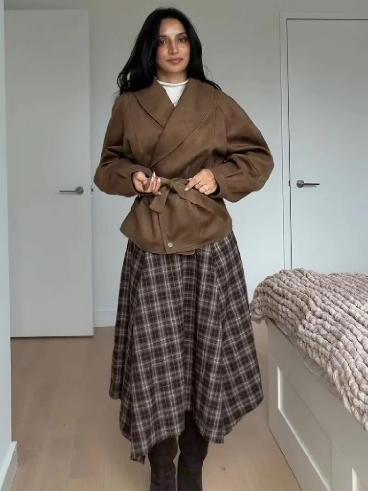Vintage Plaid High Waist Midi Skirt Chic Irregular Asymmetrical Hem A-line Brown Checkered Skirt Lady Daily Casual Streetwear