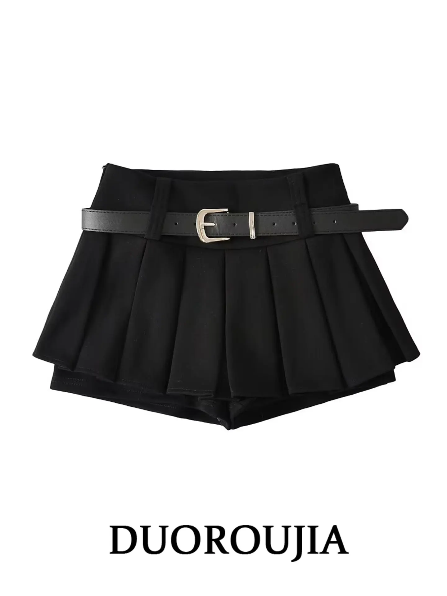 

High Waist A-Line Skirt plus Size Women's Anti-Light Black Pleated Skirt Commute Korean Style Slim Fit Belted Short Skirt