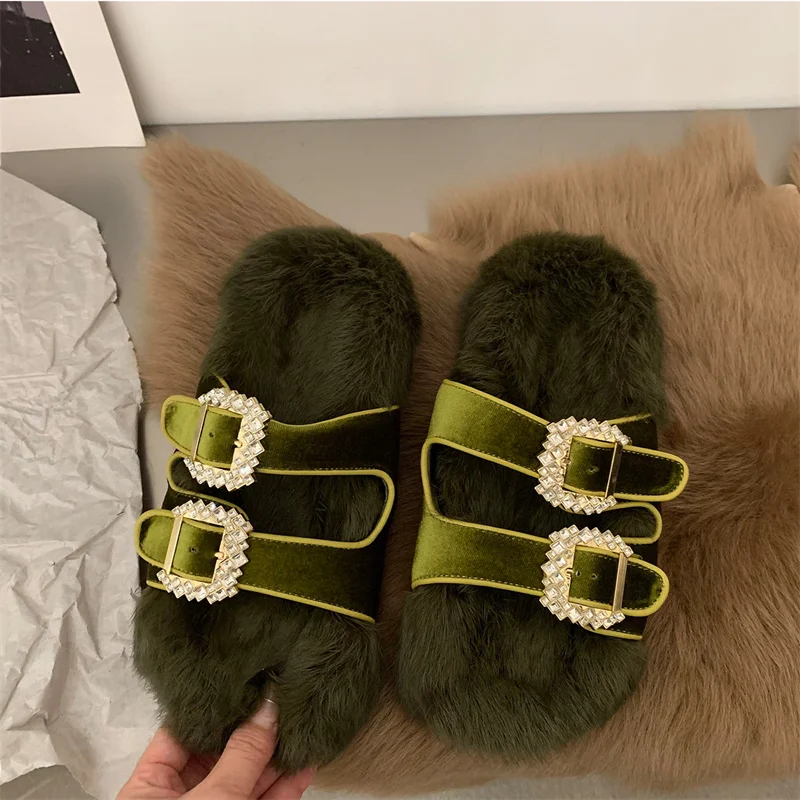 Fashionable And High-end Women\'s Fur Slippers Winter Casual Warmth Mink Fur Slippers High End Rhinestone Lace Up Home Slippers