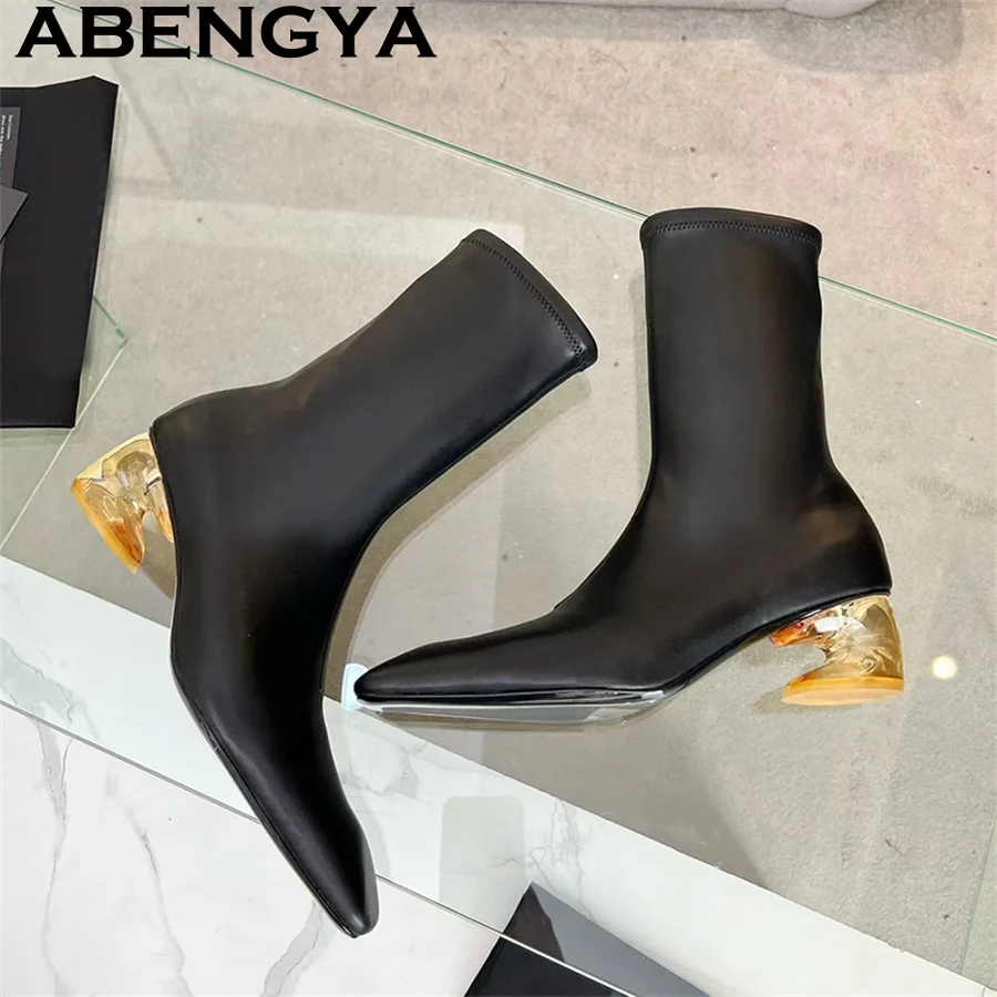 Slim Close-fitting Mid Calf Boots Women Elastic Leather Square Toe Fashion Week Boots Winter Sexy Knee High Chelsea Boots Woman