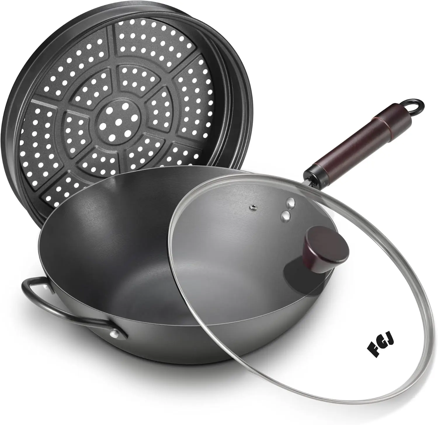 

Вок, 13-дюймовые воки из углеродистой стали с пароваркой и сковородой для жарки с антипригарным покрытием, предварительно приправленная китайская сковорода вок с плоским дном 5,8QT с крышкой, C