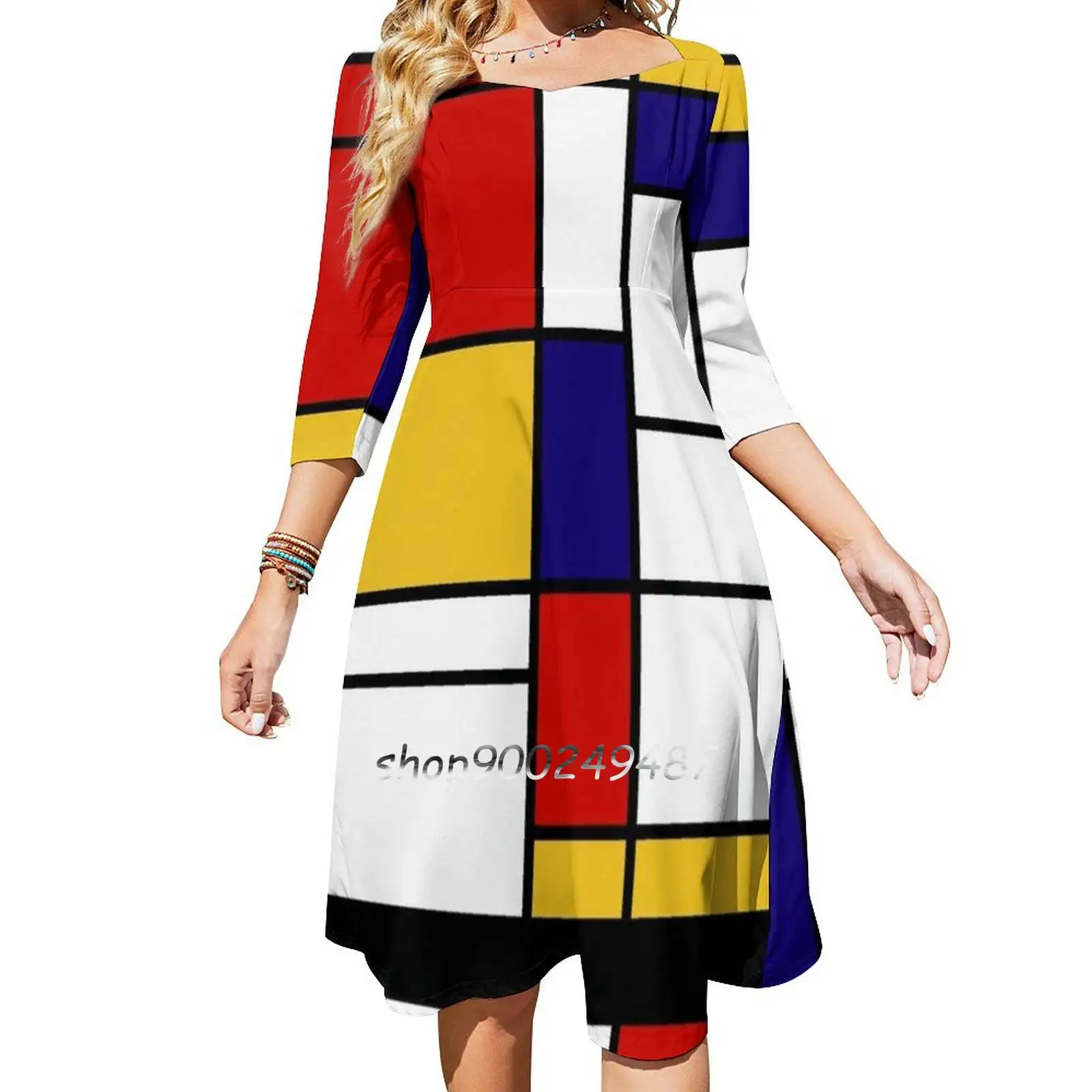 De Stijl #2 ( Mondrian Inspired ) Square Neck Dress Sweet Summer Dress Women Elegant Halter Print Dress De Stijl Primary