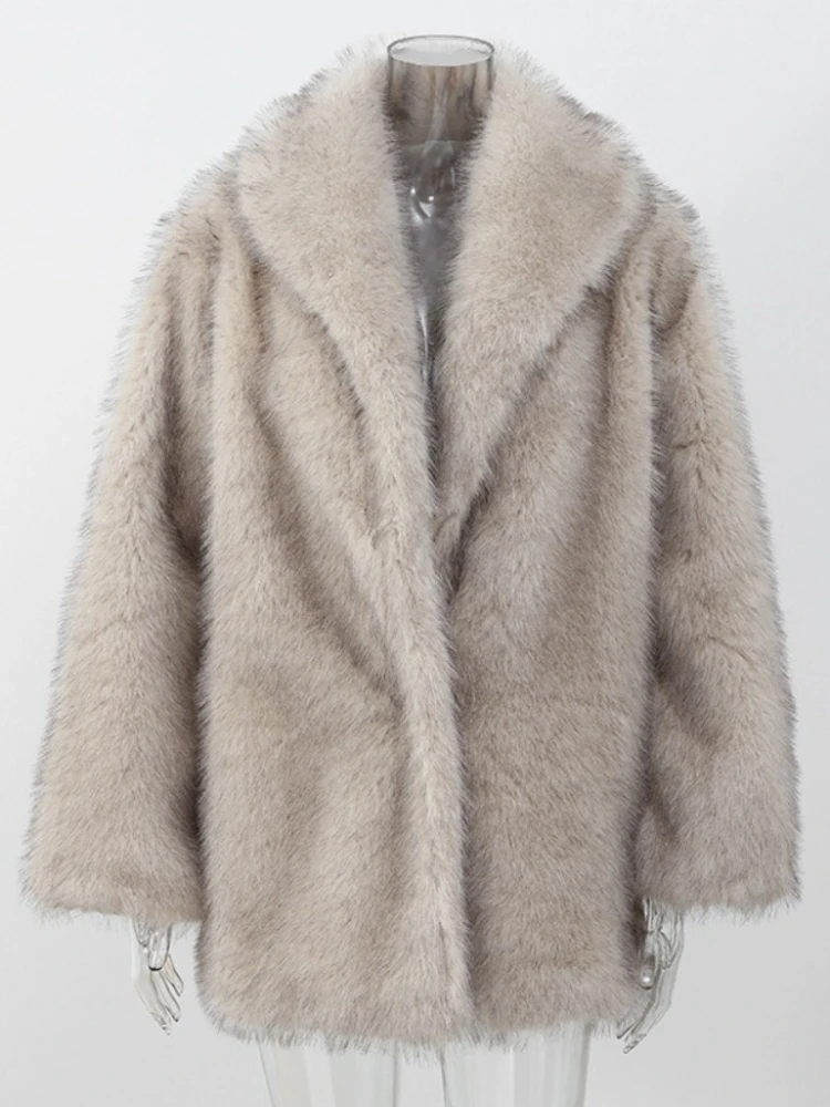 Faux Fur Coat Comfortable Casual Winter Warmth Eco-Fur Plush Coat Solid Color