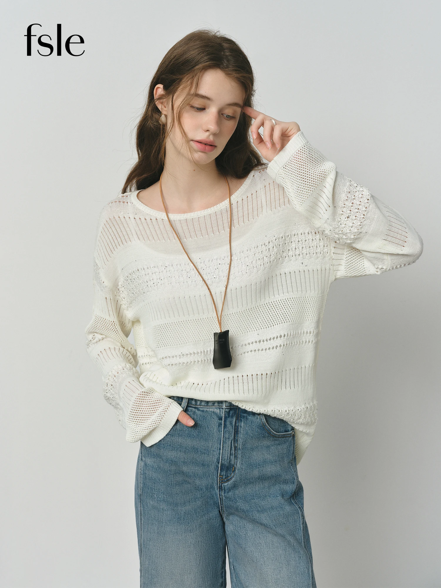 

FSLE 2025SS Women's White Beaded Sweater Long Sleeve Loose Knit Top Hollow Out Y2K Office Elegant Casual Top Shirt 25FS13107