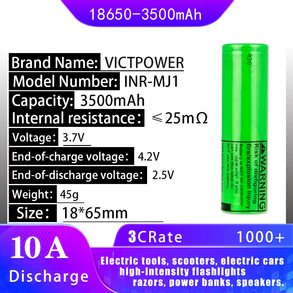 

Victpower Shenzhen Supplier Cylindrical Mj1 3.7V 3500Mah 3C Li-Ion Inr 18650 Lithium Battery for Power Bank Electric Bicycle