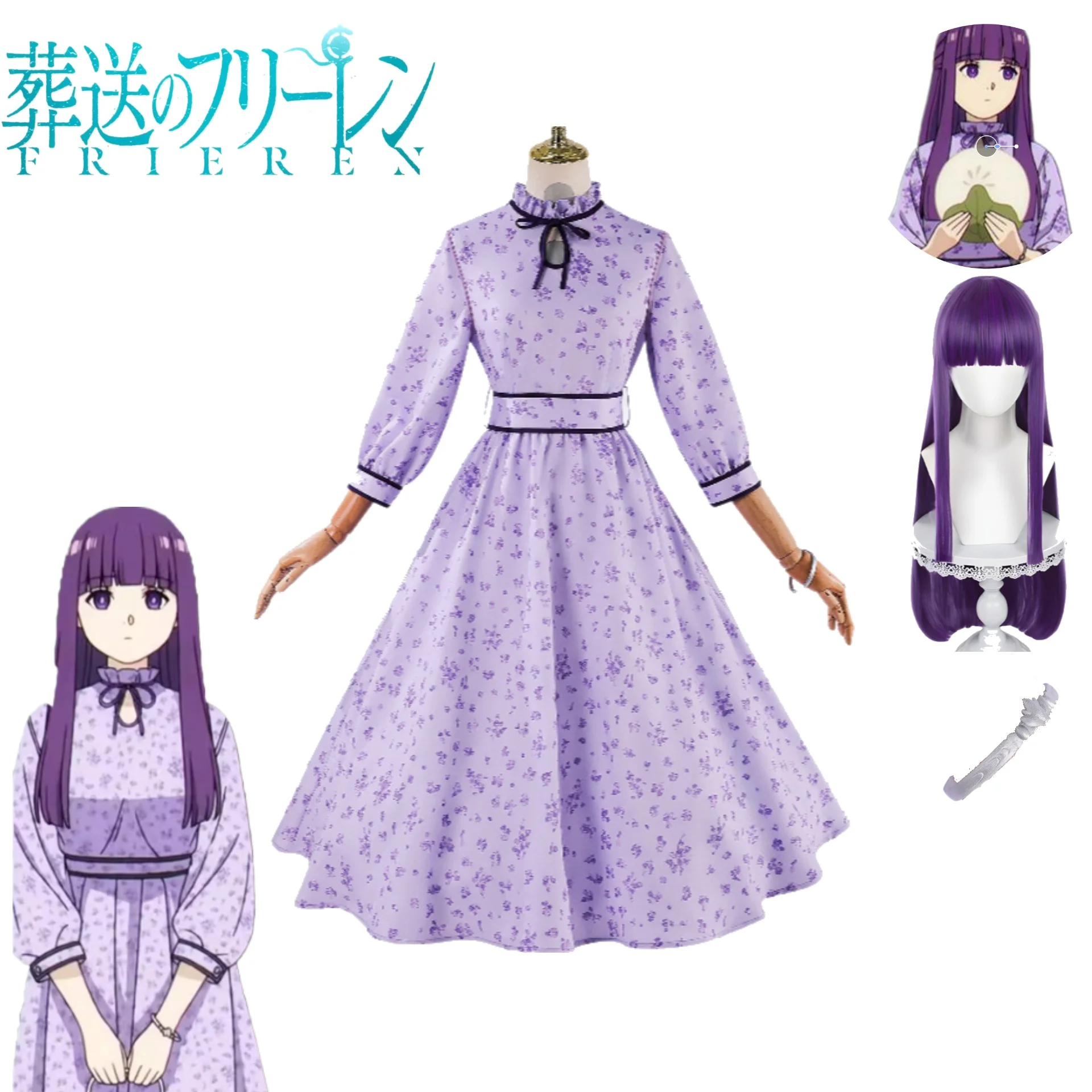 

Frieren: Beyond Journey's End Fern Cosplay Costume Purple Floral Date Dress Lolita Princess Dress Bracelet Wig Set Anime Outfit