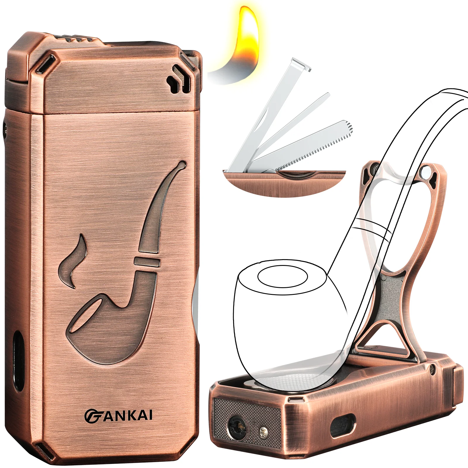 Multifunctional Pipe Lighter, Built-in Pipe Stand, 3 in 1 Cleaner Tools, Refillable Butane Lighter with Angled Soft Flame