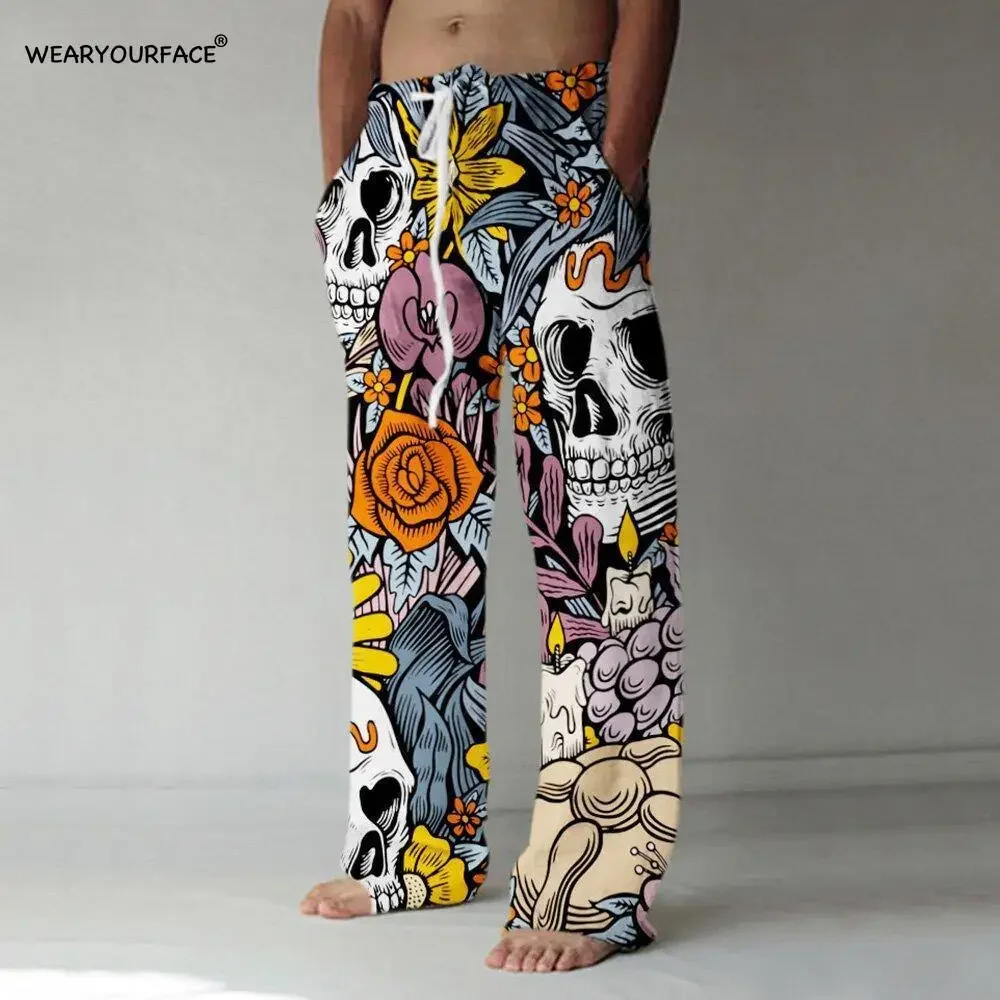 Flowers Skull Printed Straight Full Length Wide Leg Pants Hipster Fashion Trousers Streetwear Sweatpants Men Unisex Clothing