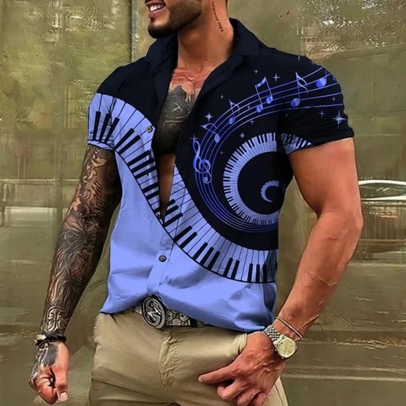 Camisa de guitarra musical para hombre, ropa Hawaiana de manga corta con estampado de arte Retro Y2K, fresca e informal, ventilar, de gran tamaño, para verano, 2024