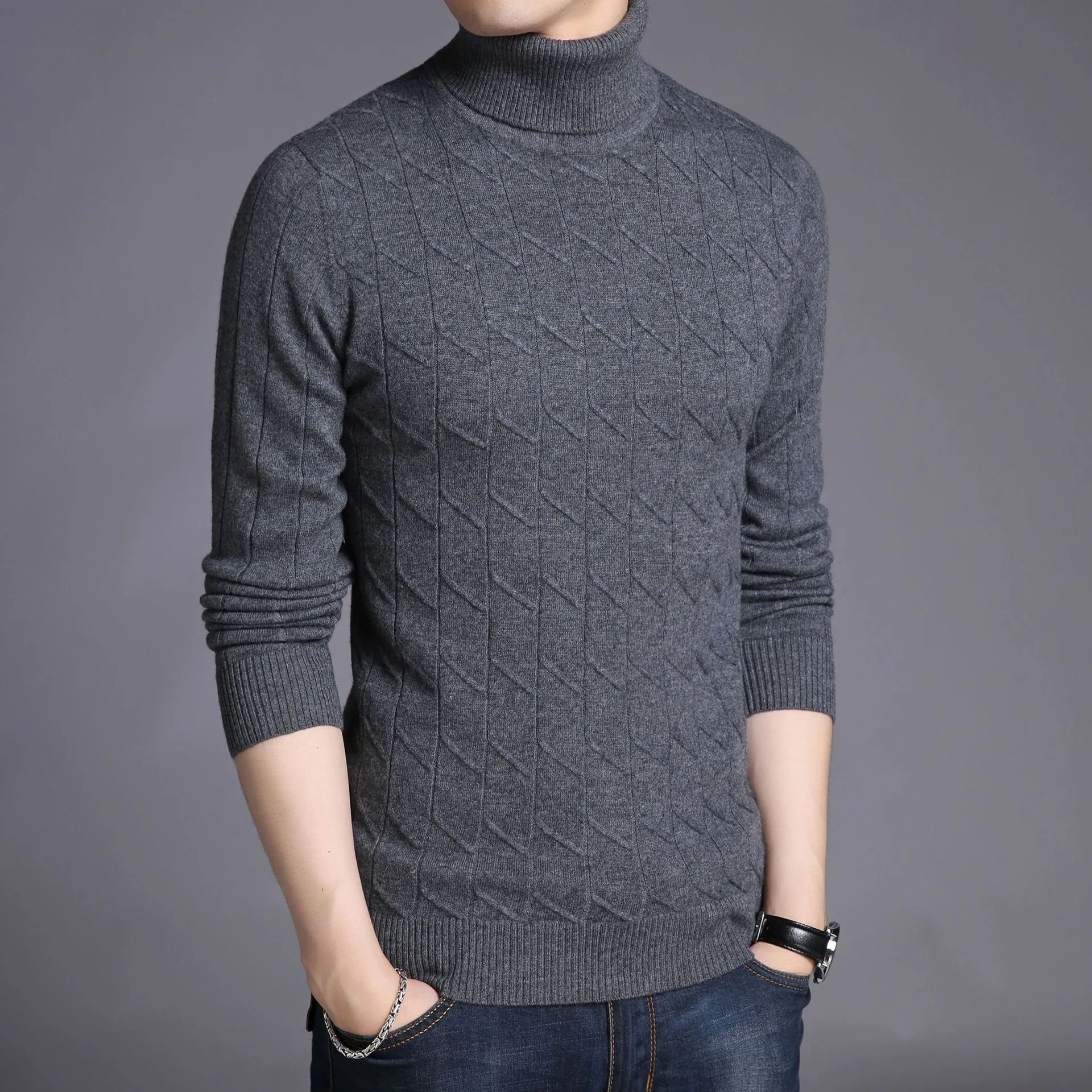 

Pure Wool Autumn High-end Sweater Solid Color Turtleneck Pullover Men's Autumn Casual Fashion Knitted Wool Sweater